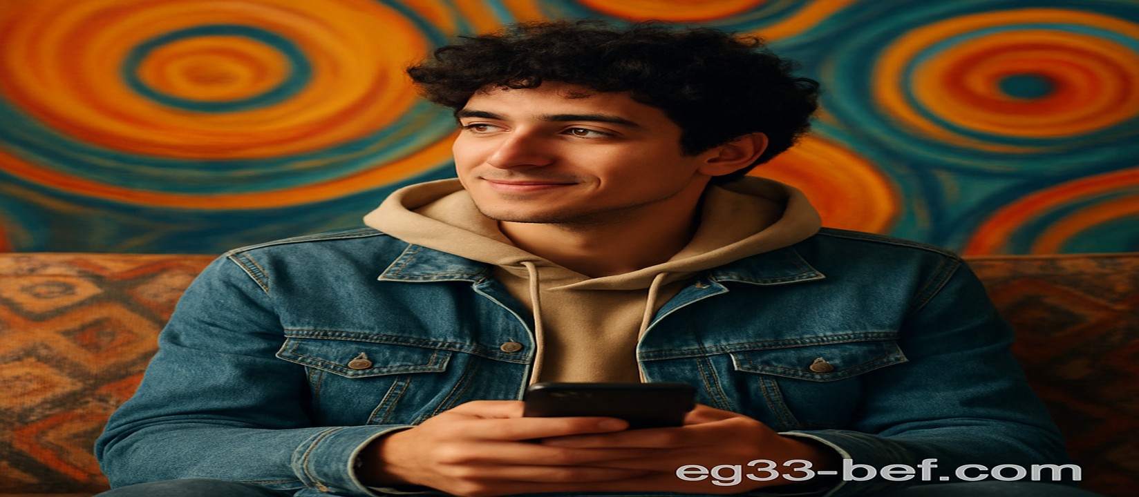 একজন ব্যক্তি সোফায় বসে eg33 অ্যাপটি স্মার্টফোনে ব্যবহার করছেন